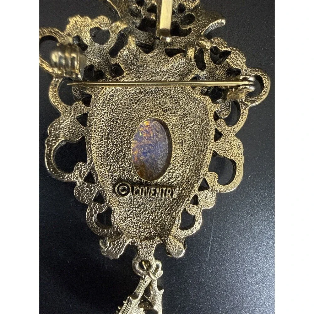 Vintage 1960s Sarah Coventry Contessa Brooch Ornate Faux Opal Stone Rhinestones